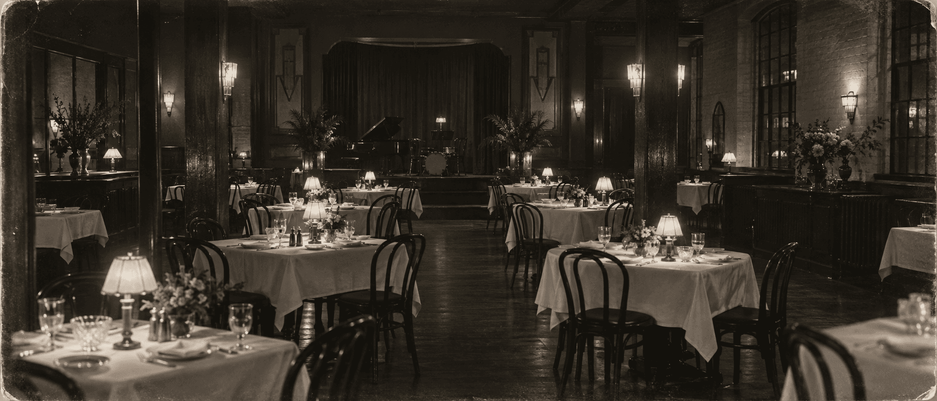 The Black Veil's empty dining room, set for supper with the orchestra stage beyond.