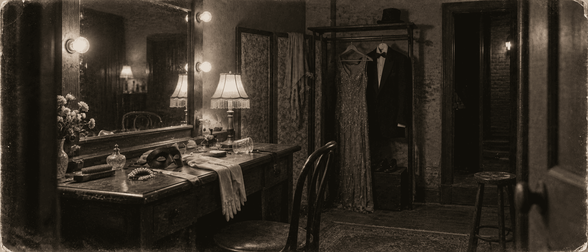 A private dressing room upstairs, with an evening gown, a tuxedo, and a masquerade mask laid out.