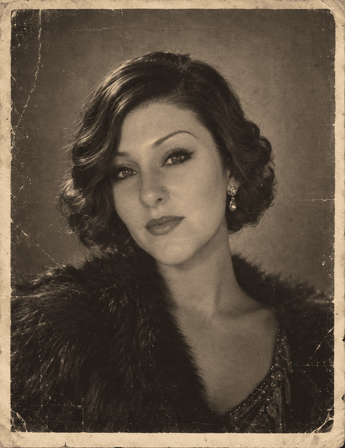 Fictional aged 1920s photograph of Cassandra Castello in a fur-trimmed coat, the print worn and cracked at the edges